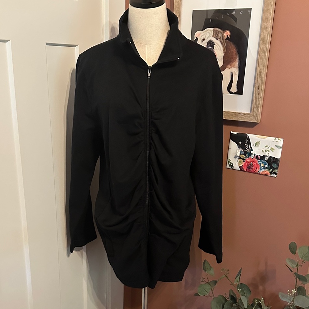 Ulla Popken women’s Black Zip-Up gathered cotton 16/18 long sleeve collar Jacket